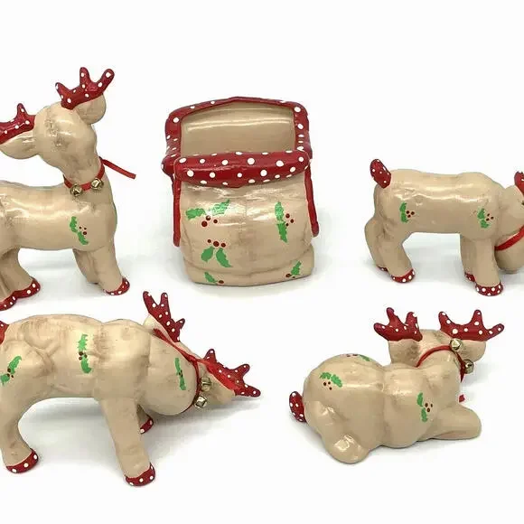 KIMPLE Christmas‎ Reindeer Sleigh Figurines Bells 5 Piece Set Vintage 1989